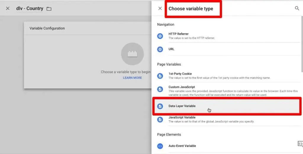 Choosing variable type as Data Layer Variable in Google Tag Manager