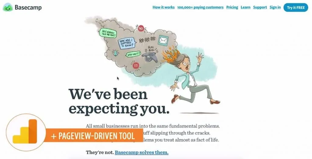Google Analytics is a pageview-driven tool, with Basecamp homepage in backgroud