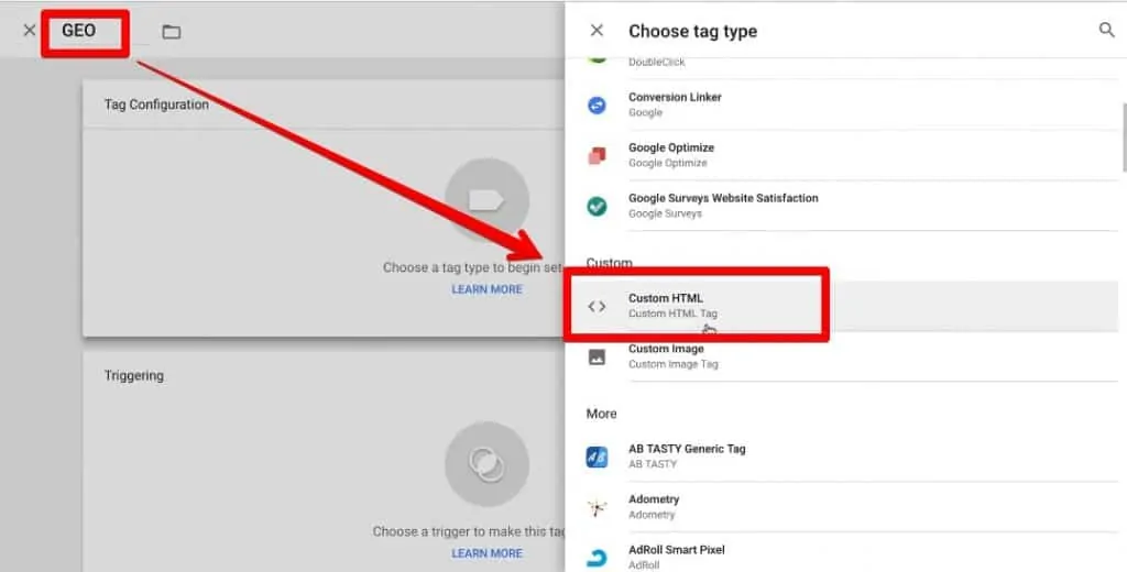 Opening a custom HTML tag on Google Tag Manager