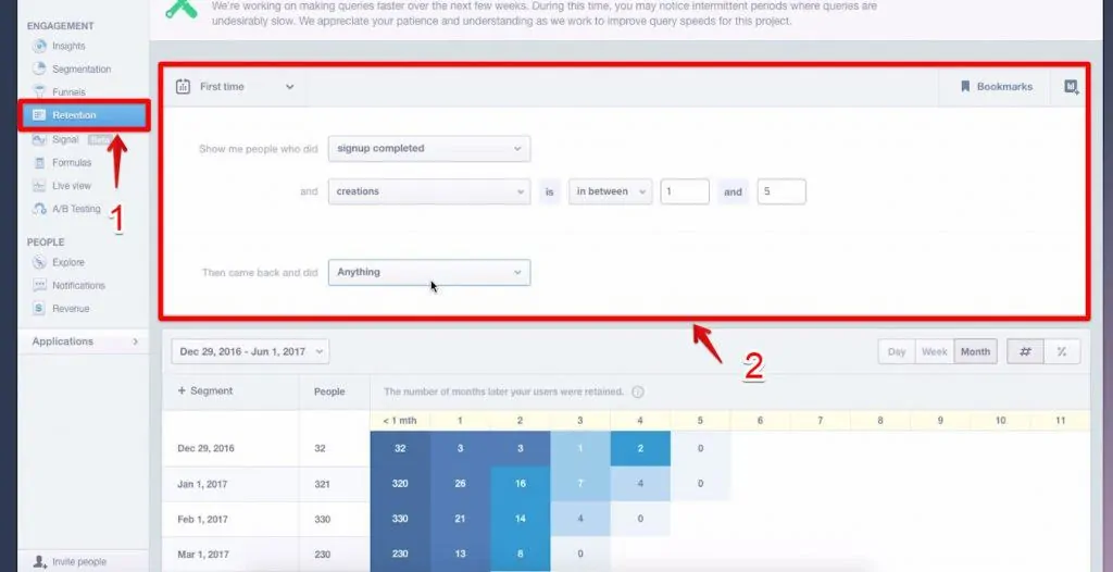 Retention button being clicked and the retention filters being highlighted