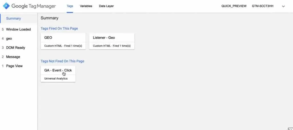 Summary of Tags Fired & Tags Not Fired on the page
