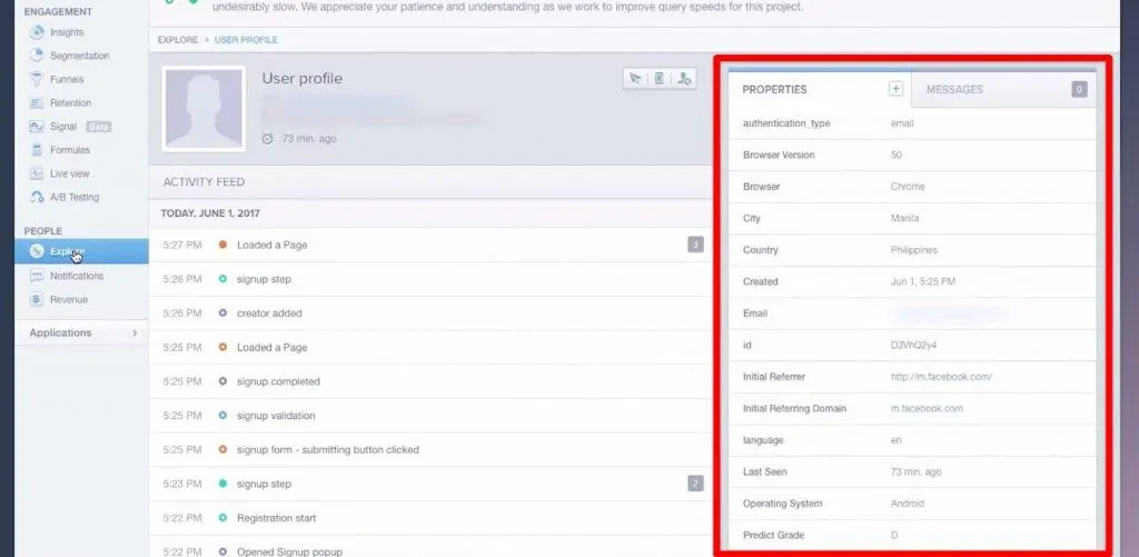 User profile properties section on Mixpanel