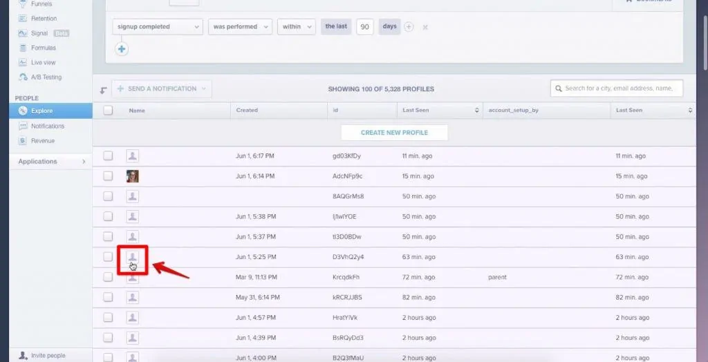 sample profile being clicked on the People section of Mixpanel