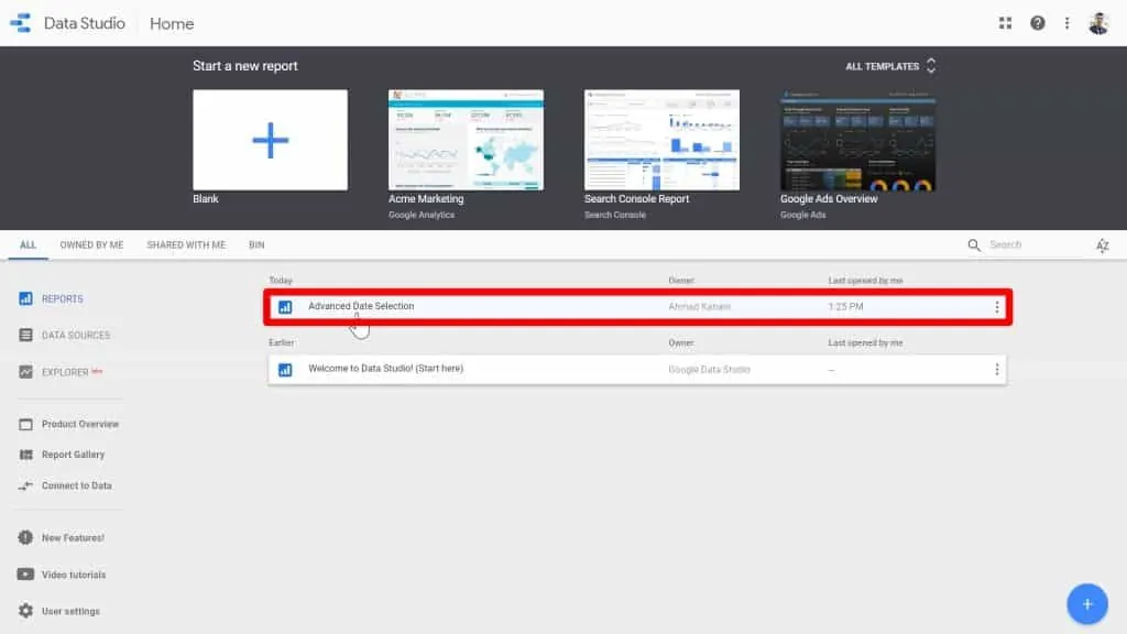 Looker Studio showing a pre-made blank report named, “Advanced Date Selection”