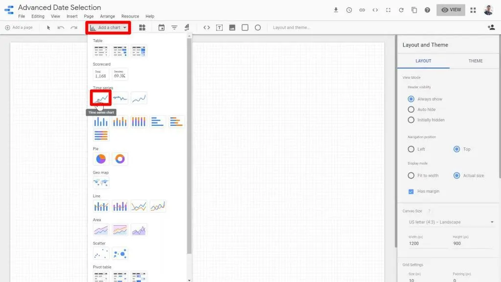 The Time series chart being clicked on in the Advanced Date Selection blank report