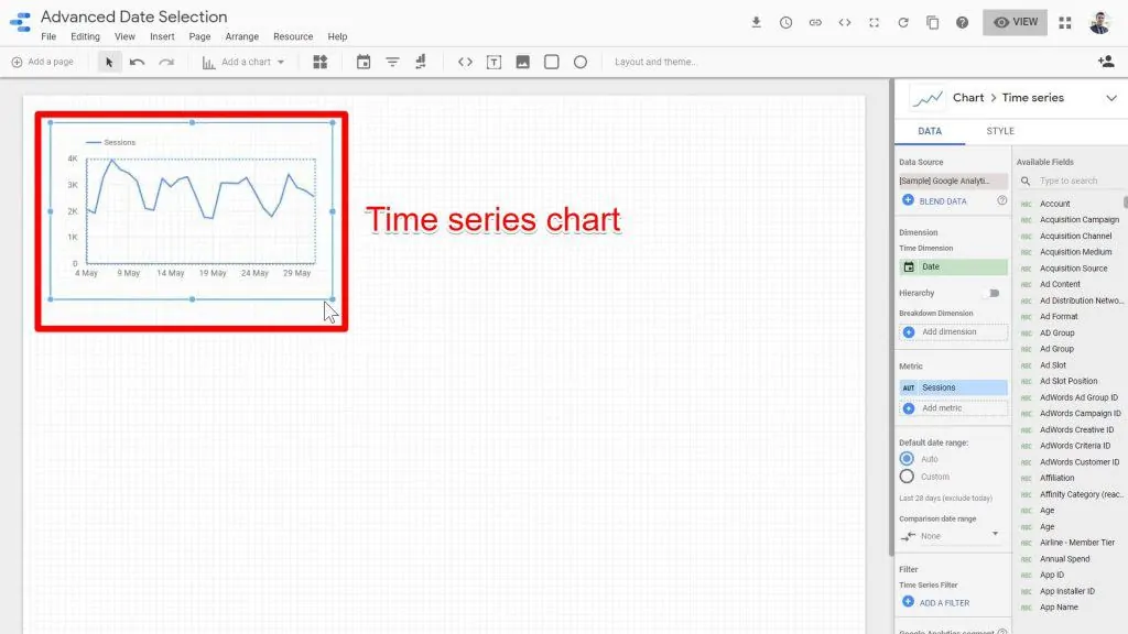 The newly-created Time series chart being displayed in the blank report window of Looker Studio