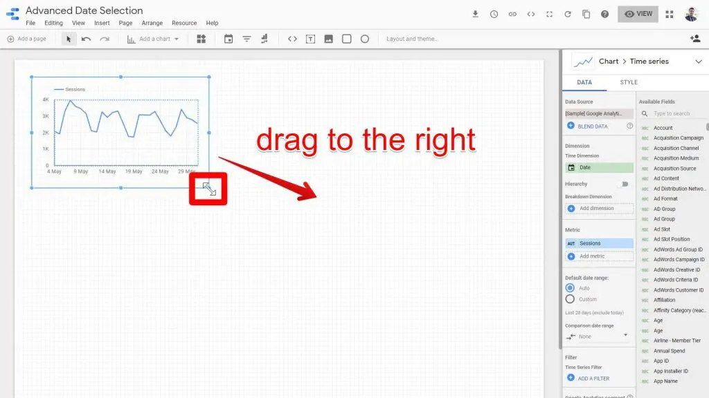 The Time series chart being dragged to the right in the Looker Studio