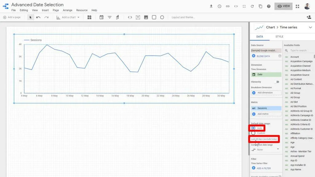 The Auto default range being highlighted and the cursor pointing towards the date range of the Time series chart