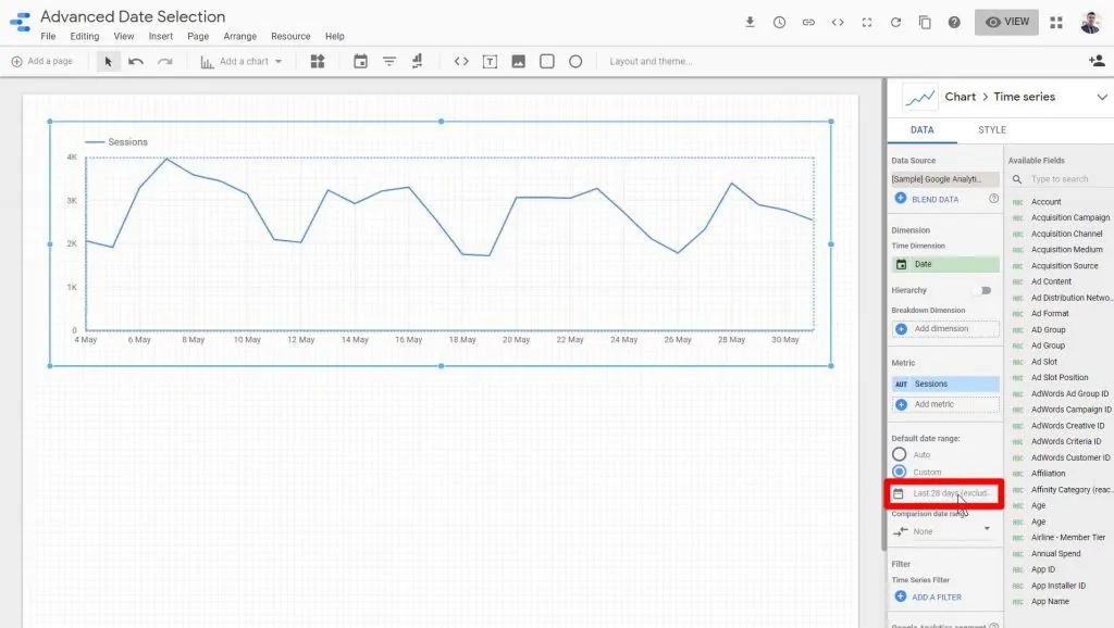 The date range being clicked in Looker Studio