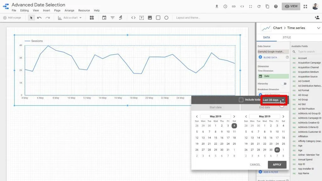 The date range dropdown menu being clicked on for editing the date included in the Time series chart