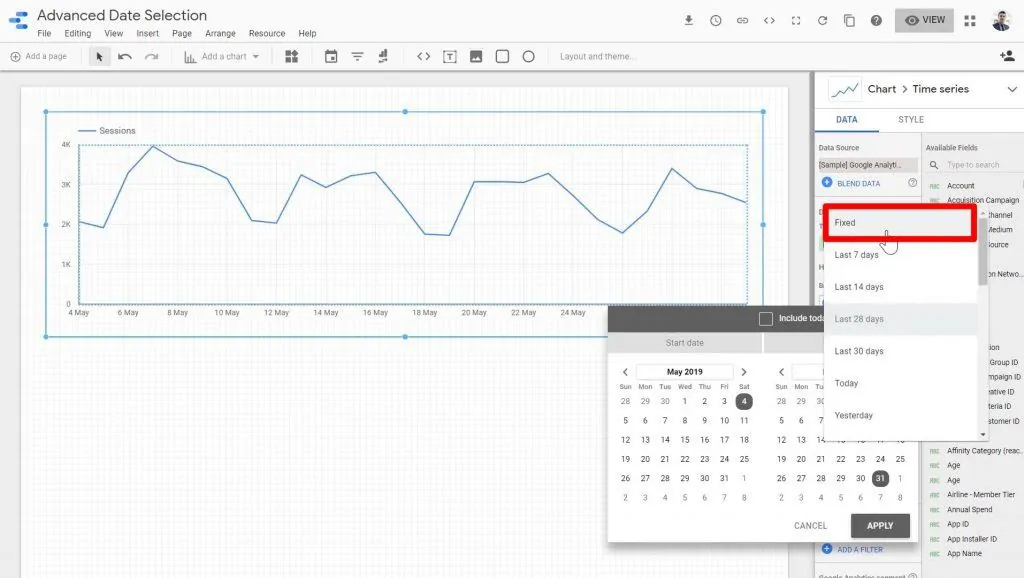 The Fixed option being chosen from the date range dropdown menu