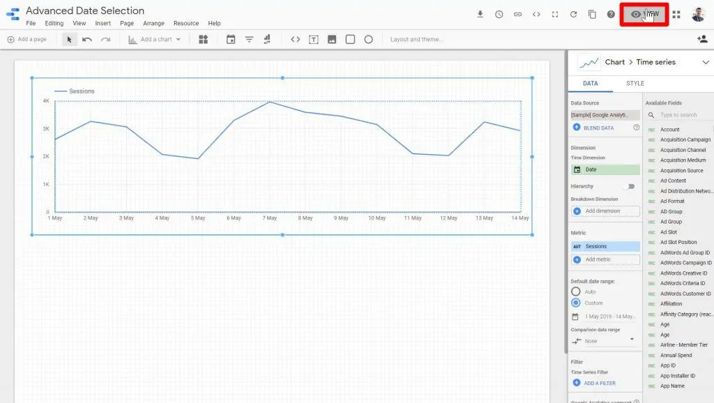The View button being clicked on the Looker Studio