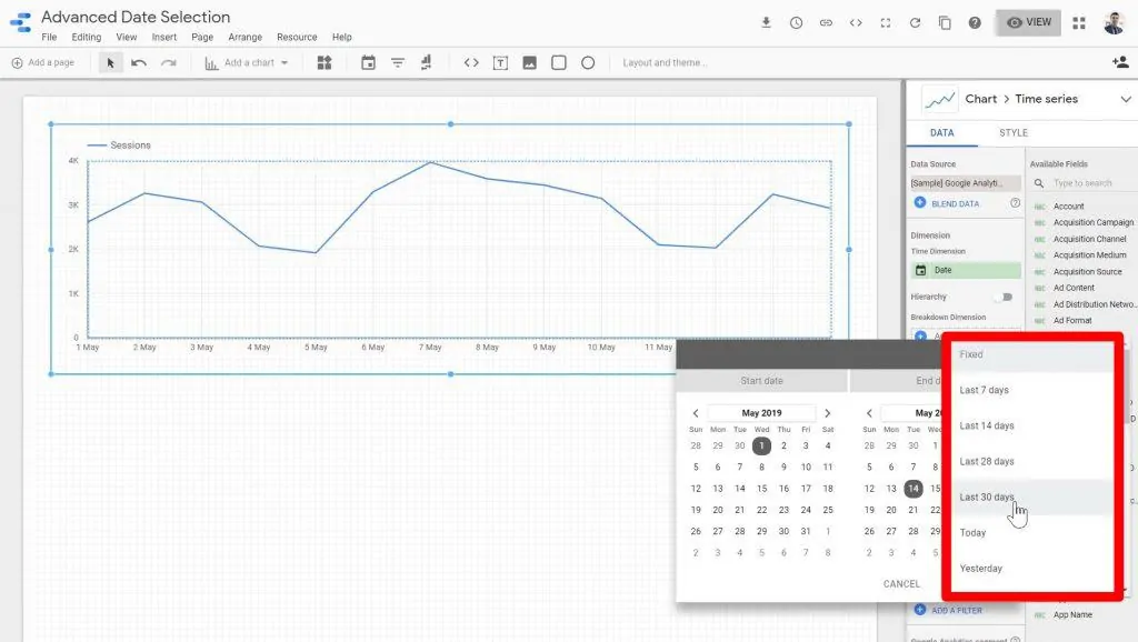 The options inside the date range dropdown menu being displayed
