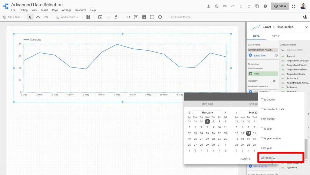 The Advanced option being selected in the date range dropdown menu