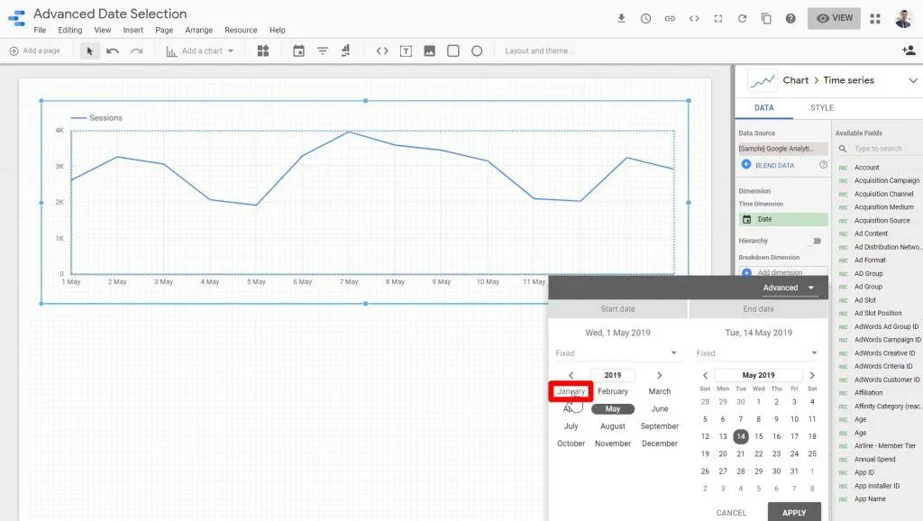 January 2019 being selected in the date range calendar