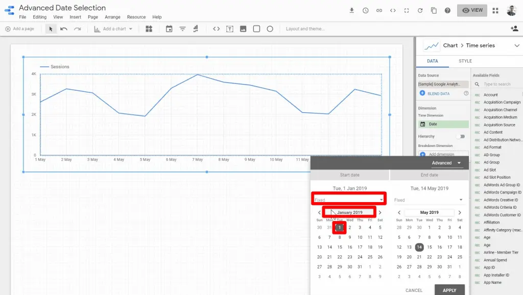 January 1, 2019 being picked as the preferred date and the Fixed date type being highlighted
