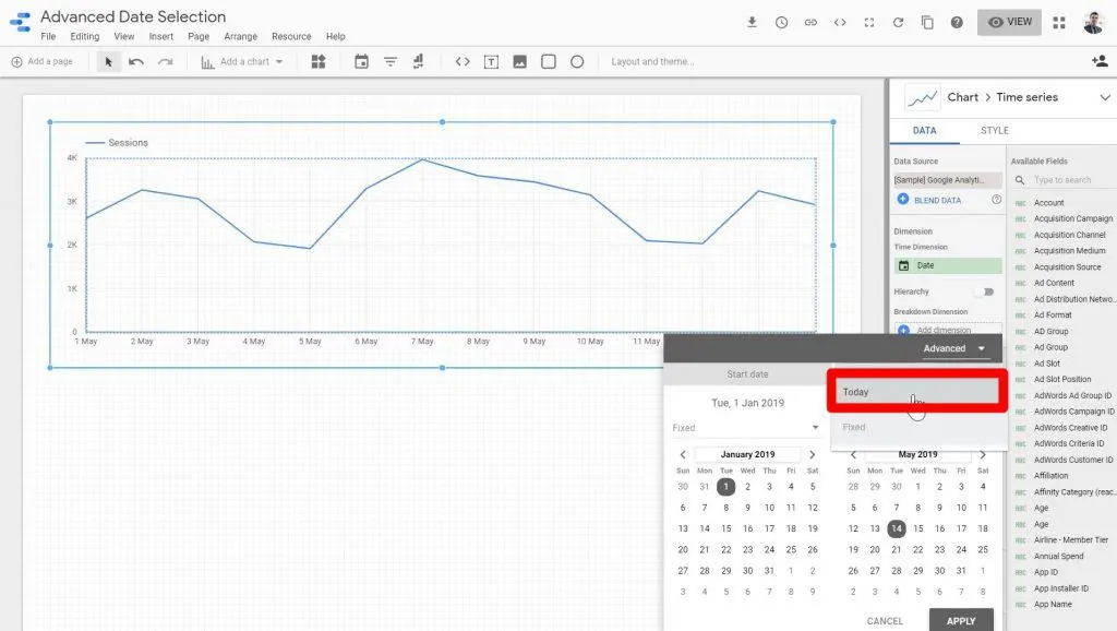 The Today day type being selected in the day type dropdown menu