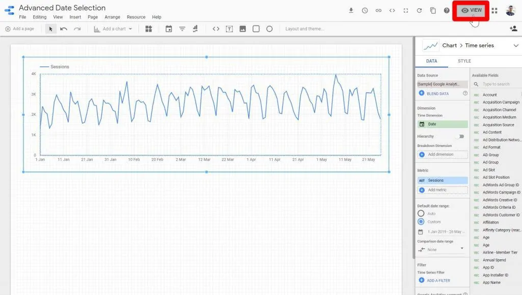 The VIEW button being clicked on the Looker Studio page