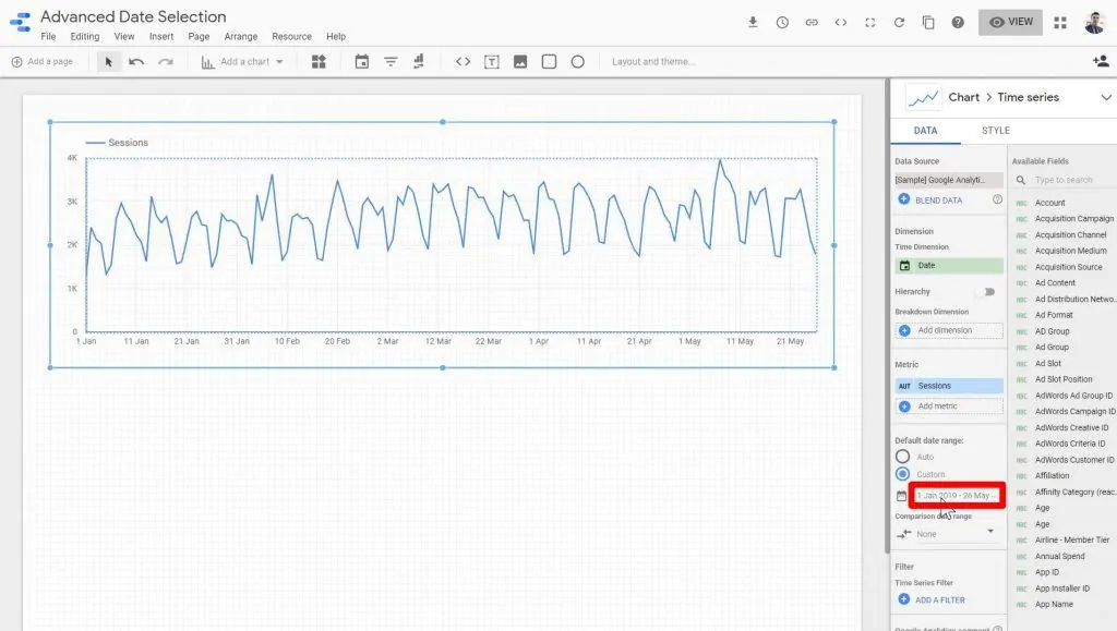 The date range section being clicked a second time in Looker Studio
