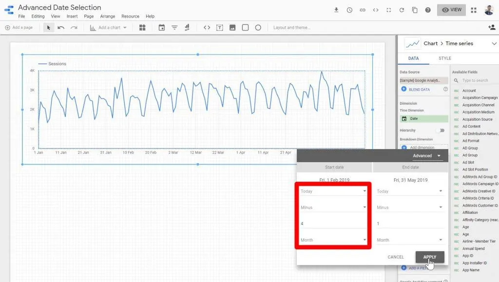 The Start date being set as Today Minus 4 Months