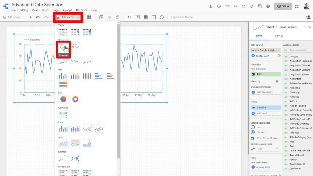 The Add a chart and Scorecard buttons being clicked in Looker Studio