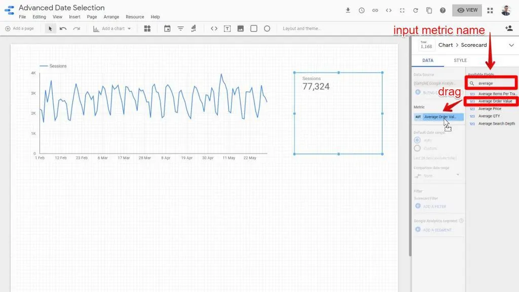 The word, average being input into the field search bar in Looker Studio and the Average Order Value field being dragged to the Metric section