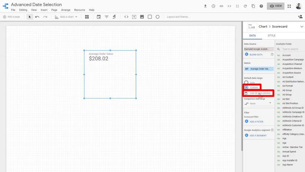 The Custom radio button and the date range section being clicked on