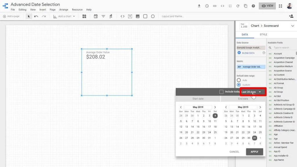 The date range dropdown menu being clicked on