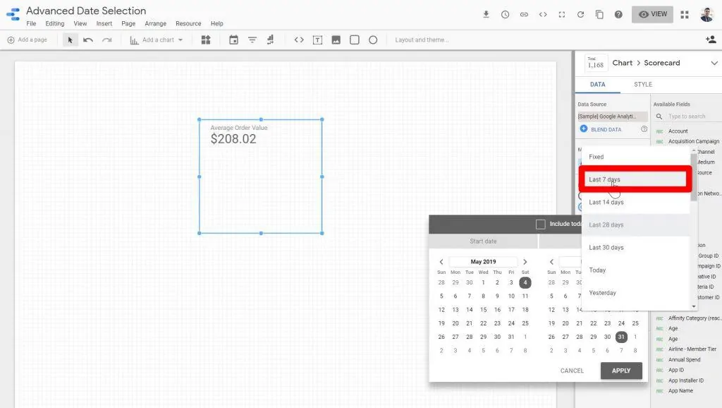 The Last 7 days option being clicked on in the date range dropdown menu