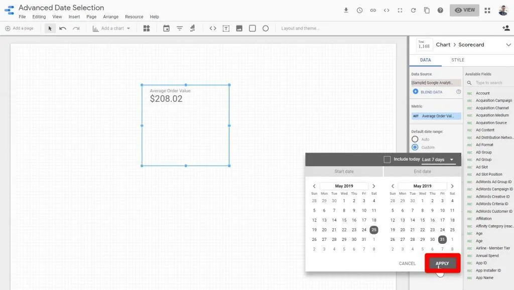 The APPLY button being clicked on to save the changes made on the date range section