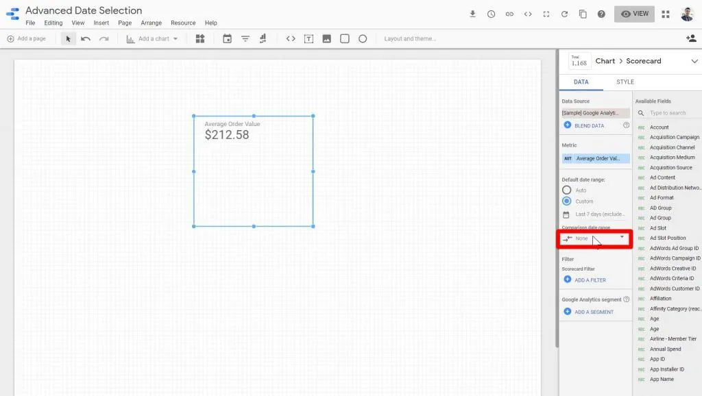 The Comparison date range dropdown being clicked on