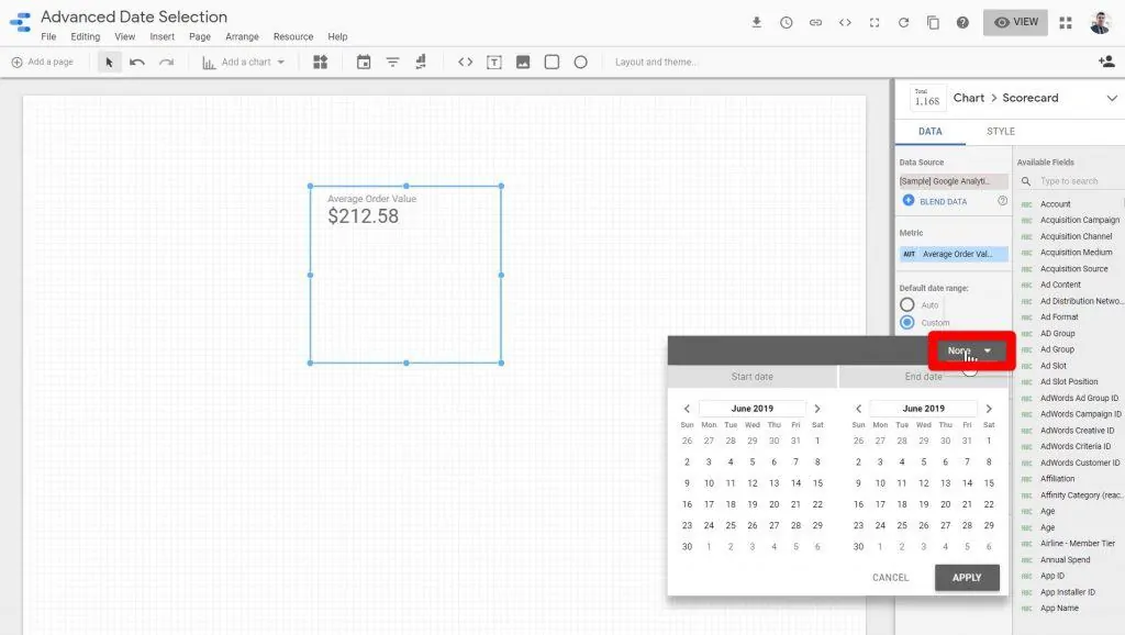 The date range dropdown menu being clicked on