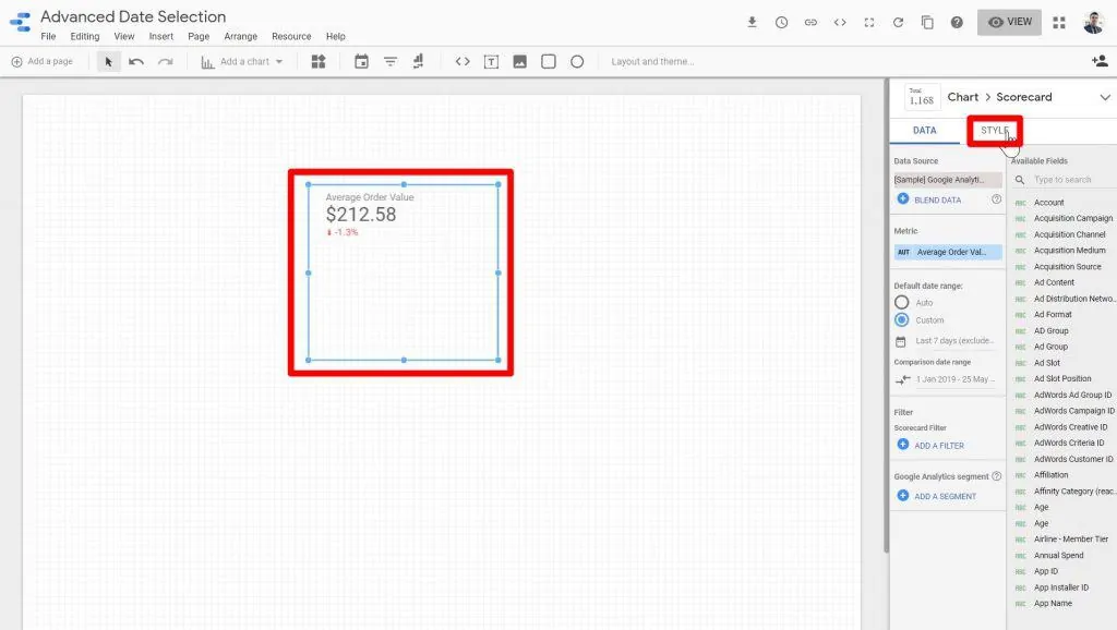 The Average Order Value being highlighted and the STYLE section being selected