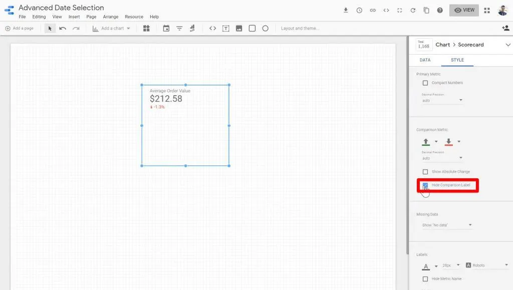 The Hide Comparison Label check box being ticked off