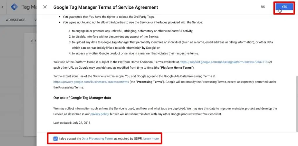 Accept the Terms of Service in Google Tag Manager to create an account