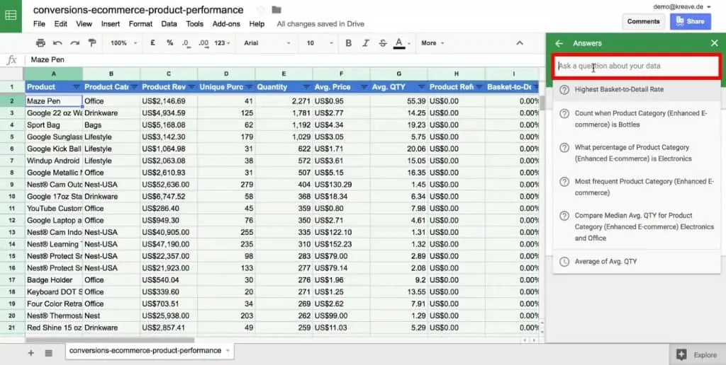 Ask a question about your data under the Explore option of Google Sheets