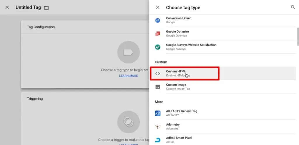 Choose tag type as Custom HTML in Google Tag Manager