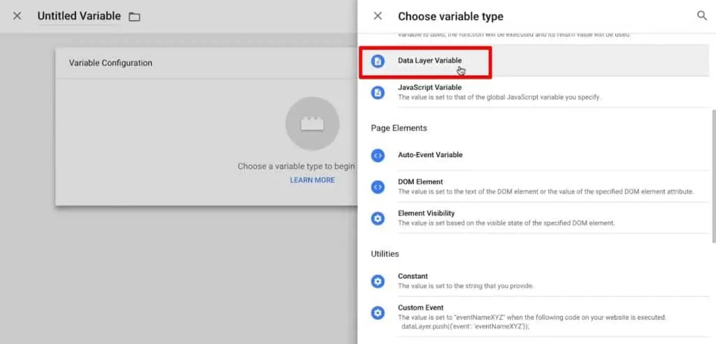 Choose variable type as Data Layer Variable in Google Tag Manager