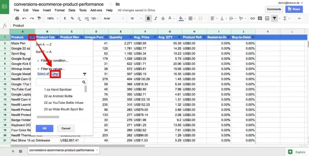 Clear all the filters of a column in Google Sheets