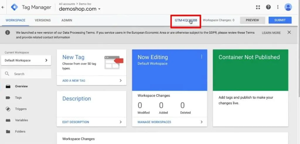 Click on Google Tag Manager ID to open the code snippet