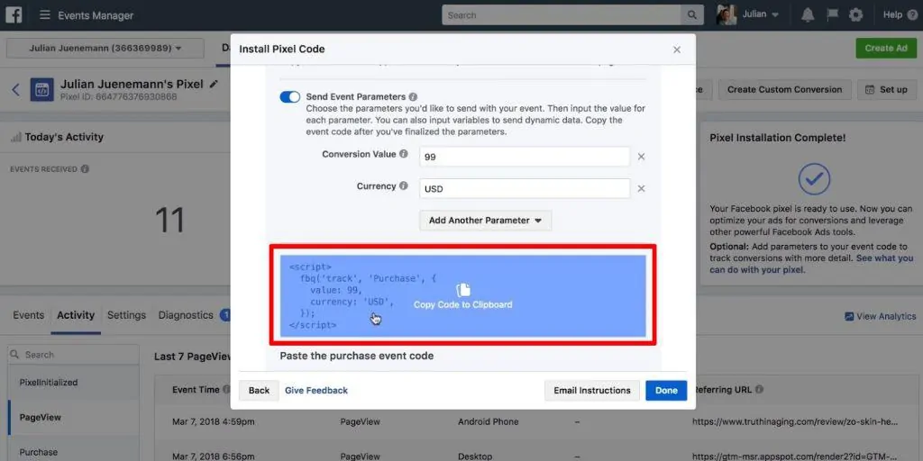 Copying JavaScript code from Meta Pixel