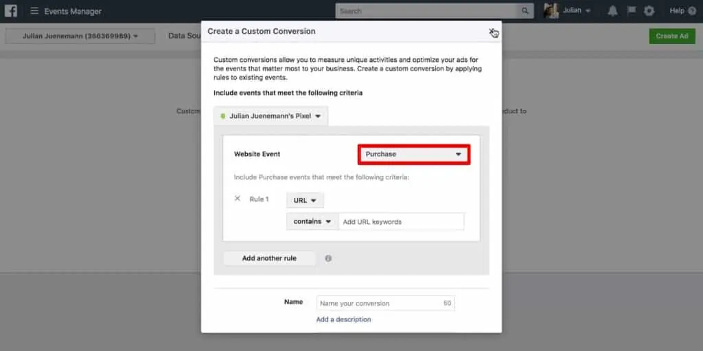 Custom Conversion to measure Purchase event for Meta Pixel Conversion Tracking