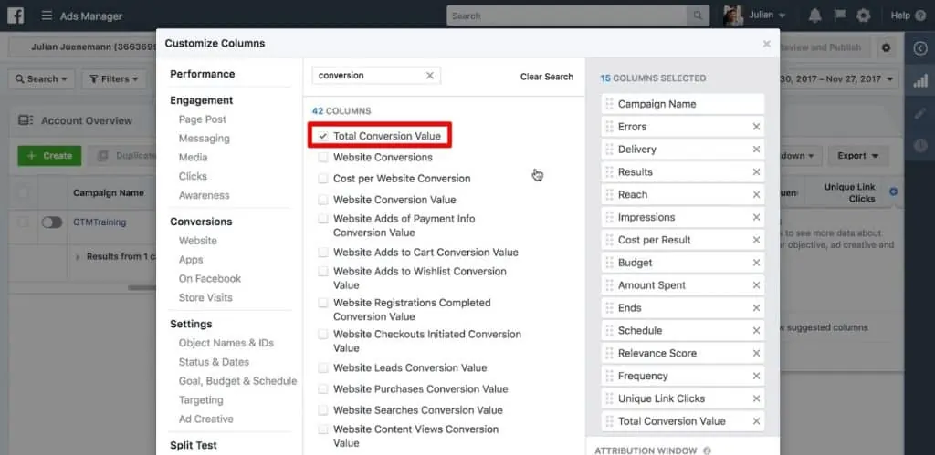 Customizing Columns in Facebook Ads Manager for Meta Pixel Conversion Tracking