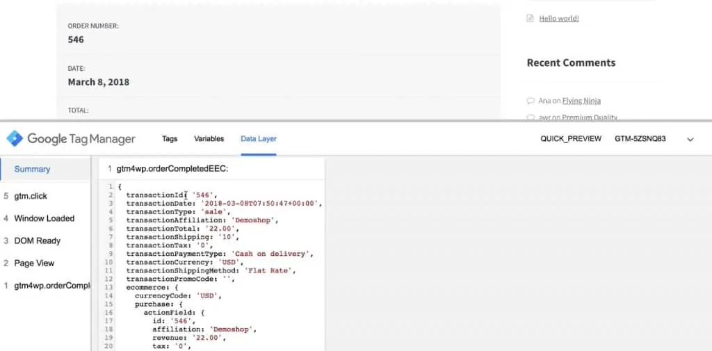 Data layer for a completed conversion in Google Tag Manager