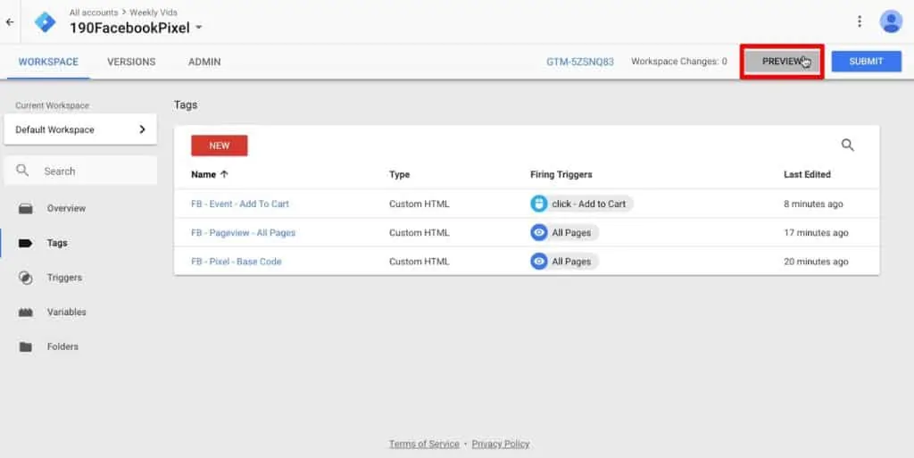 Entering Preview mode in Google Tag Manager