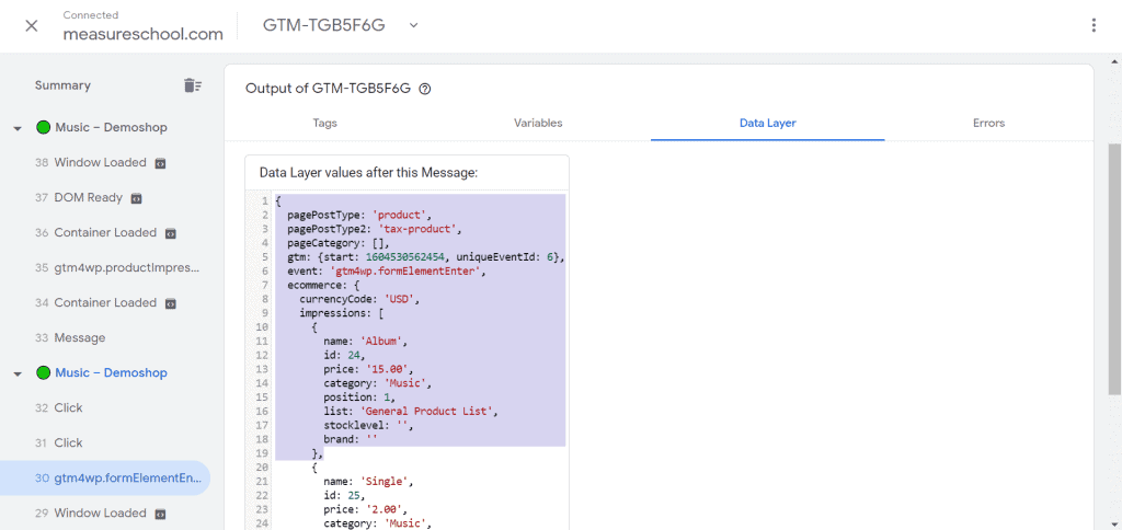 Event Data Layer in Tag Assistant with some of the script highlighted for copying