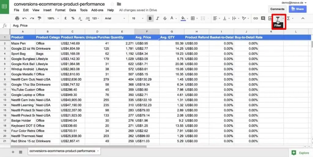 Filter button in Google Sheets for quick data analysis