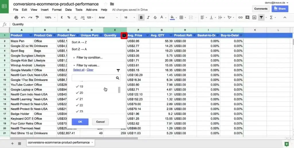 Filtering values in a column in Google Sheets
