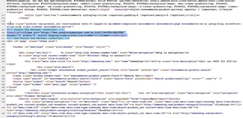 Google Tag Manager code snippet in the body section of the page source of the website