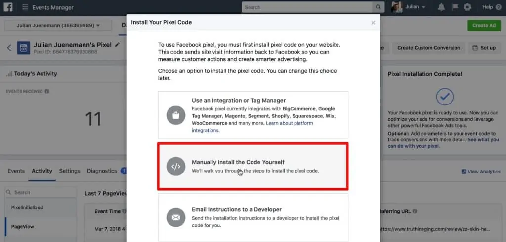 Manual Installation of Code under Set up in Meta Pixel